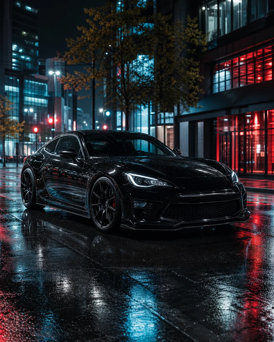 RSP Editing AI Car black sports coupe on a rain-lit city street